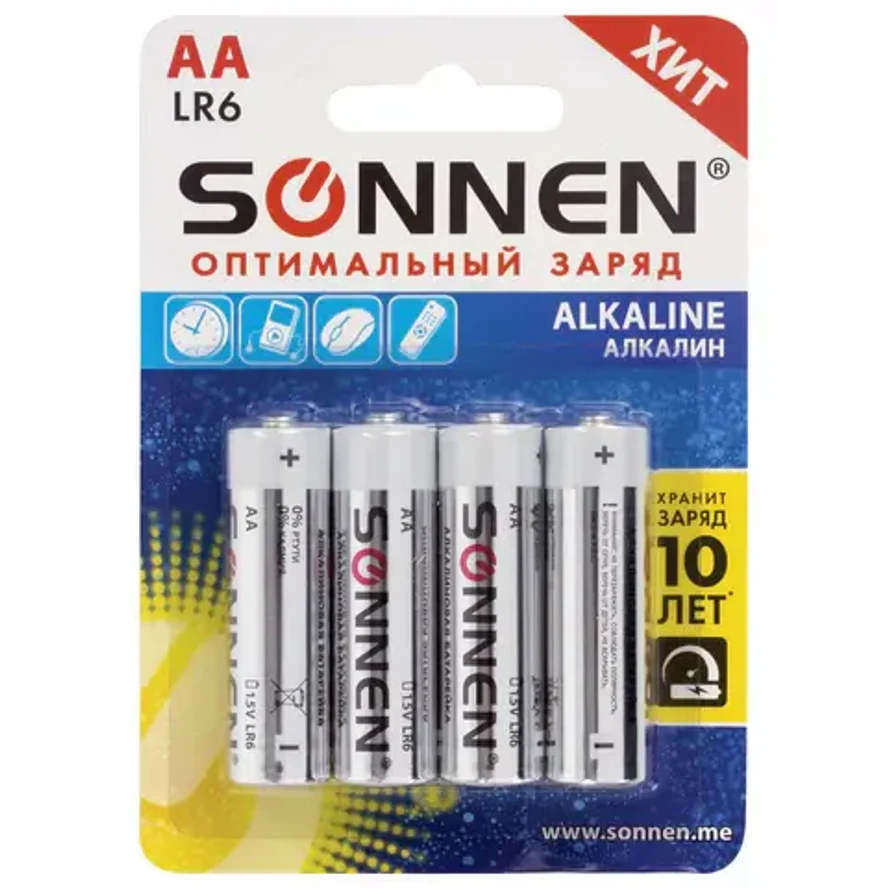 Батарейки КОМПЛЕКТ 4 шт., SONNEN Alkaline, АА (LR6, 15А), алкалиновые, пальчиковые, блистер