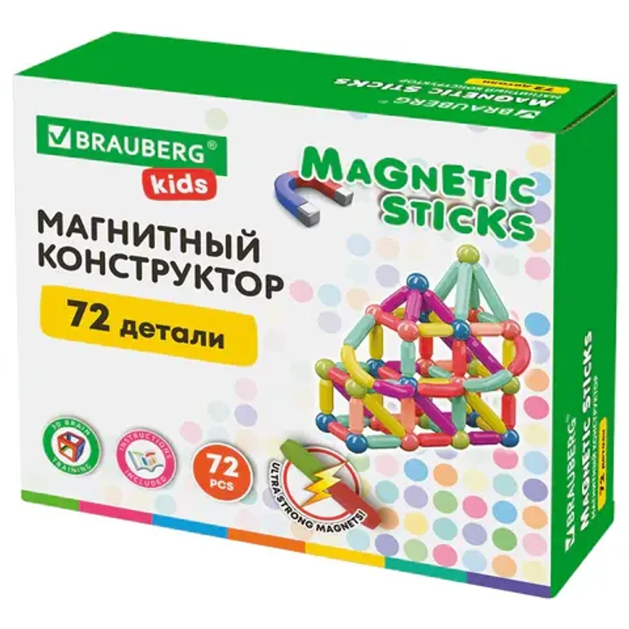 Магнитный конструктор MAGNETIC STICKS, 72 магнитные детали, BRAUBERG KIDS