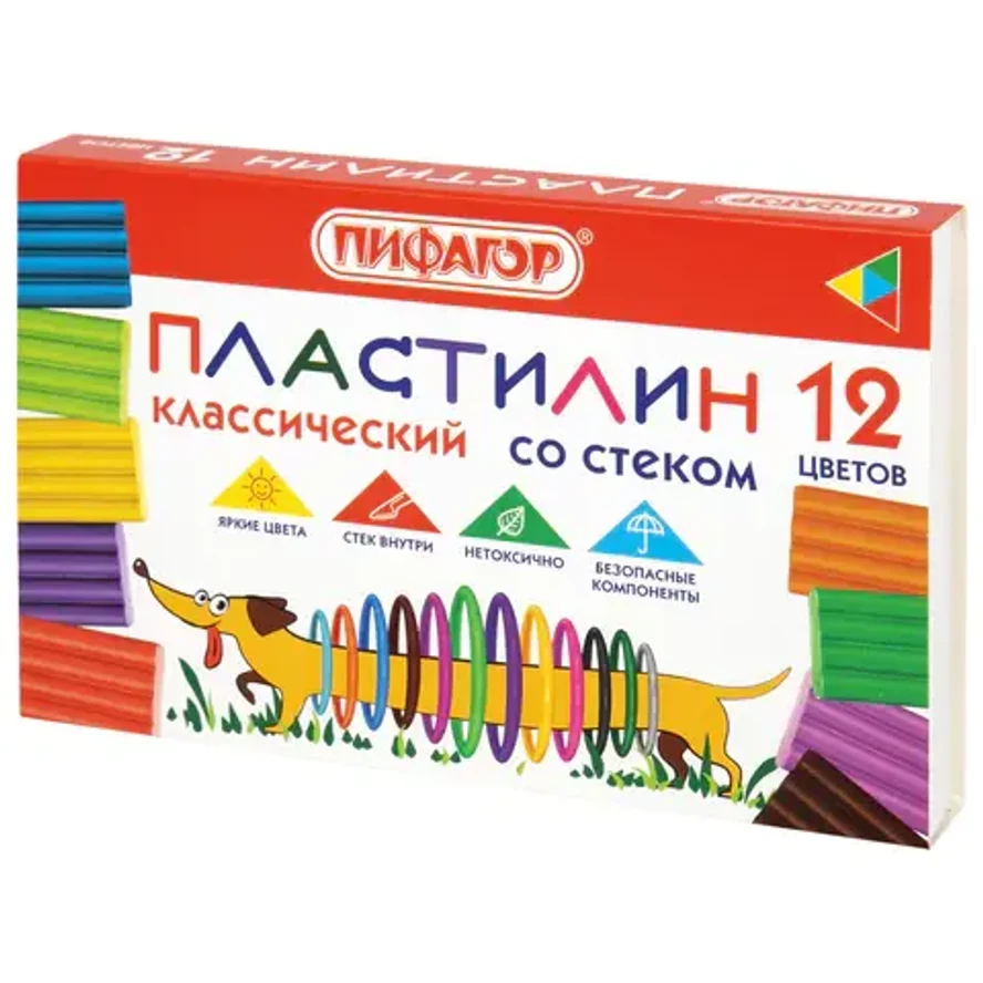 Пластилин классический ПИФАГОР "Веселая такса", 12 цветов, 180 г, СО СТЕКОМ