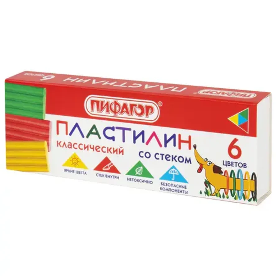 Пластилин классический ПИФАГОР "Веселая такса", 6 цветов, 90 г, СО СТЕКОМ